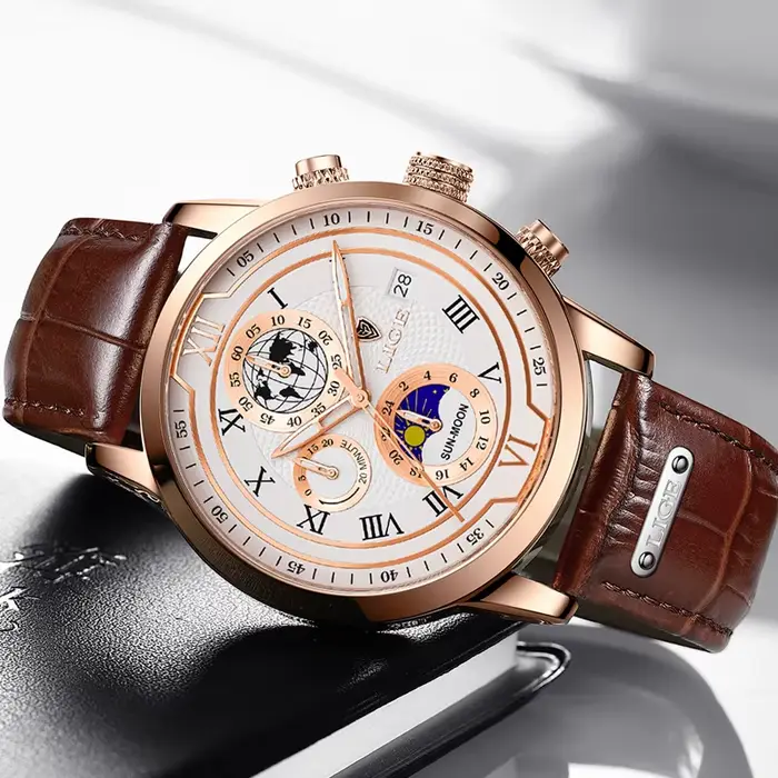 LIGE luxe homme montre-bracelet étanche lumineux chronographe montre pour hommes bracelet en cuir