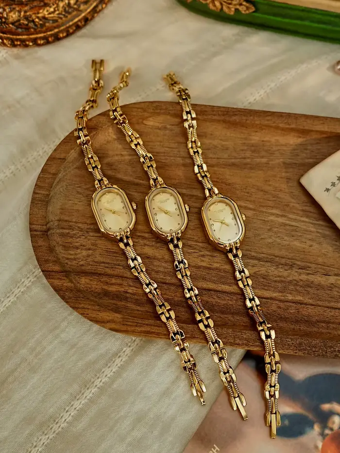 1 PC Élégance vintage française : Petite montre à quartz pour femme avec cadran doré et bracelet – Luxueuse