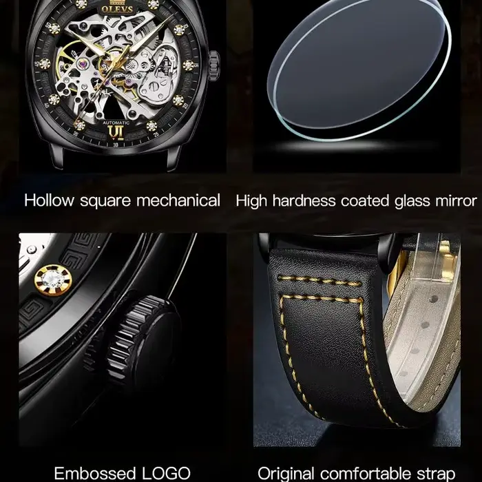 OLEVS 6651 montre automatique pour hommes bracelet en cuir entièrement creux montre-bracelet homme