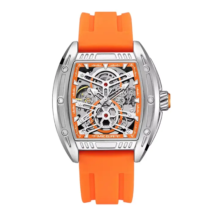 Montre mécanique orange tendance MEGIR pour homme, montre-bracelet automatique analogique de luxe sp