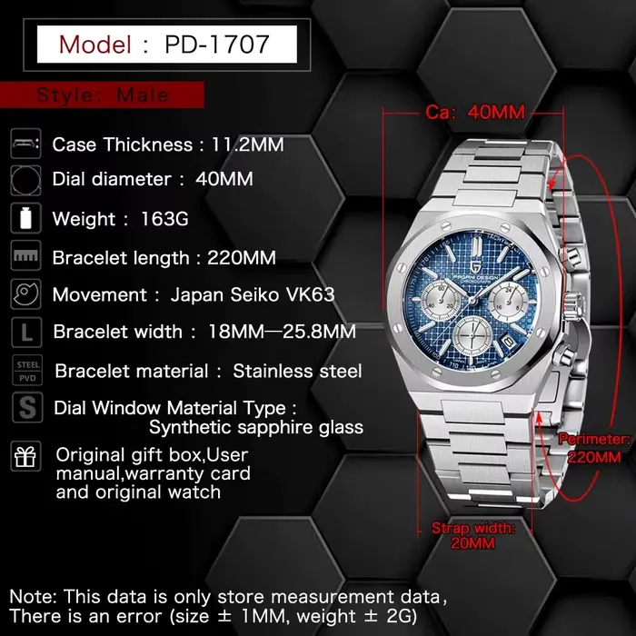 Montre Pagani Design PD1707 Quartz Luxe Homme Acier Inoxydable Bracelet Résistant à L'eau Occasions Spéciales