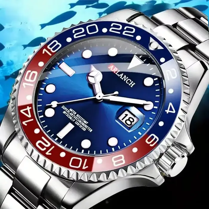 Montre d'affaires en acier inoxydable 40mm classique rouge bleu cercle série de plongée loupe calendrier montres à