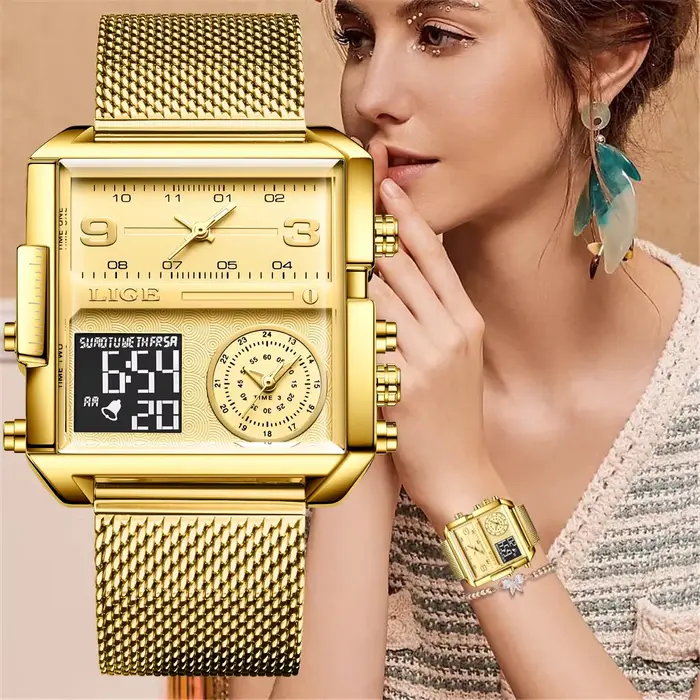 Nouvelle montre LIGE en or pour femmes, montre carrée mode double affichage, résistante à l'eau, pour occasions spéciales et quotidiennes