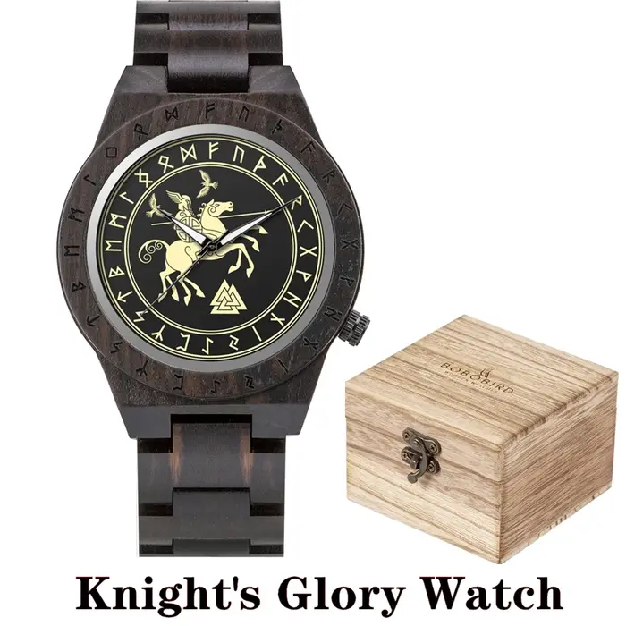 BOBO BIRD Viking Montres en Bois Top Mouvement à Quartz Japonais Montre-Bracelet Unique pour Hommes avec Helm of Awe Runic Circle Coffret Cadeau