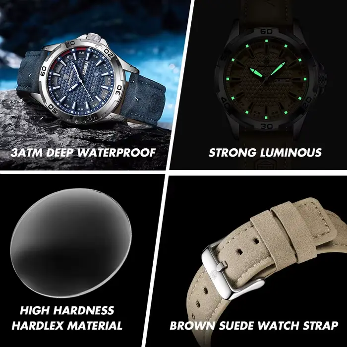 Montre PAAZOMU en alliage avec bracelet en cuir pour homme, résistante à l'eau, design luxueux et militariste, mouvement à quartz, calendrier complet, mains luminescentes