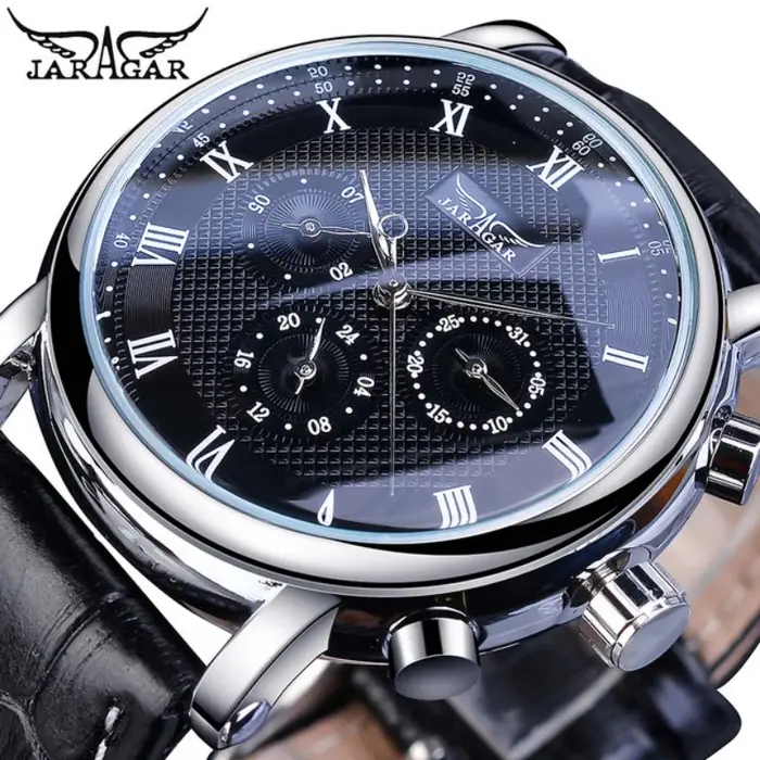 JARAGAR 1166 montre mécanique automatique pour hommes Six aiguilles chiffres romains cadran bracelet en cuir véritable semaine Date montres d'affaires