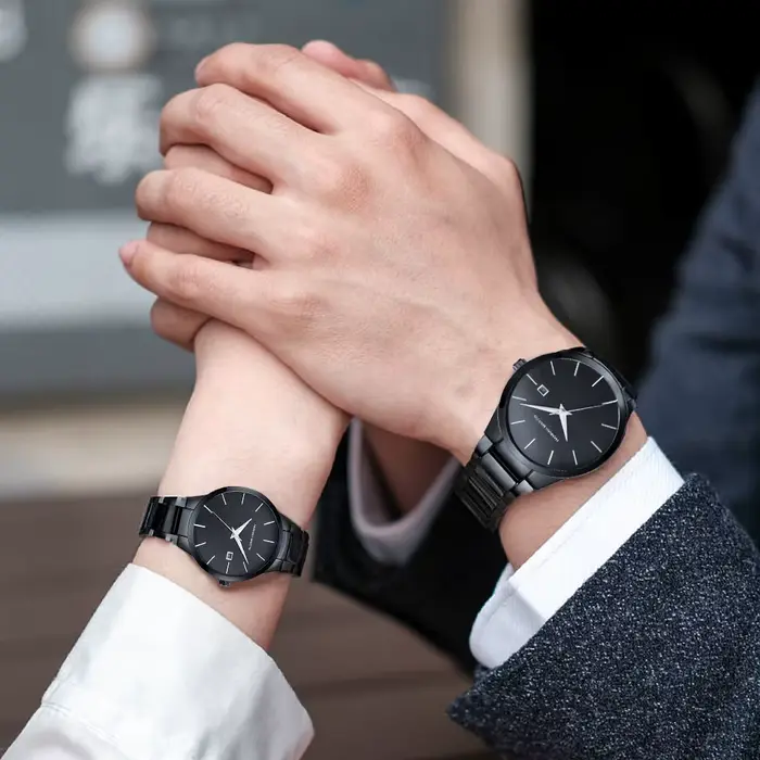 Montre à Quartz en Acier Inoxydable Noir pour Homme et Femme