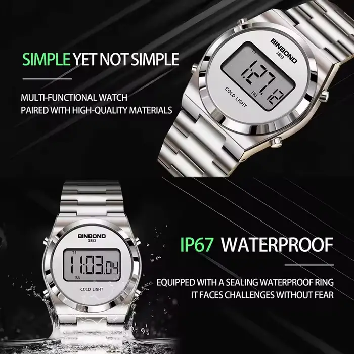 BINBOND montre de sport numérique pour hommes de luxe en acier inoxydable électronique étanche