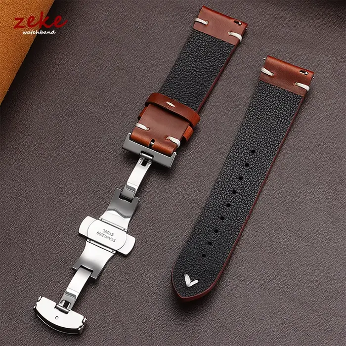 Bracelet de montre en cuir huilé vintage 18mm20mm 22mm pour Seiko Boucle papillon Couture