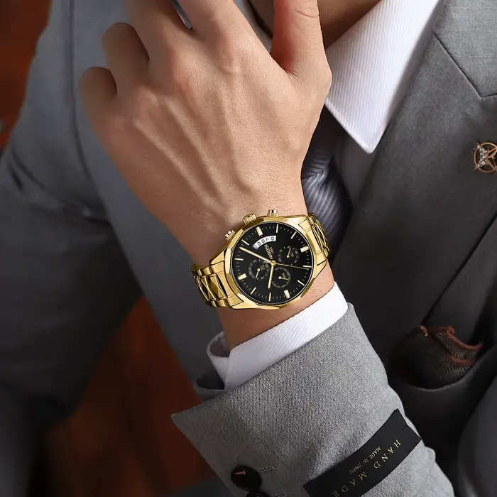 Montre NIBOSI en acier inoxydable élégante avec affichage chiffres romains pour hommes occassions spéciales quartz chronographe lumineuse résistante à l'eau
