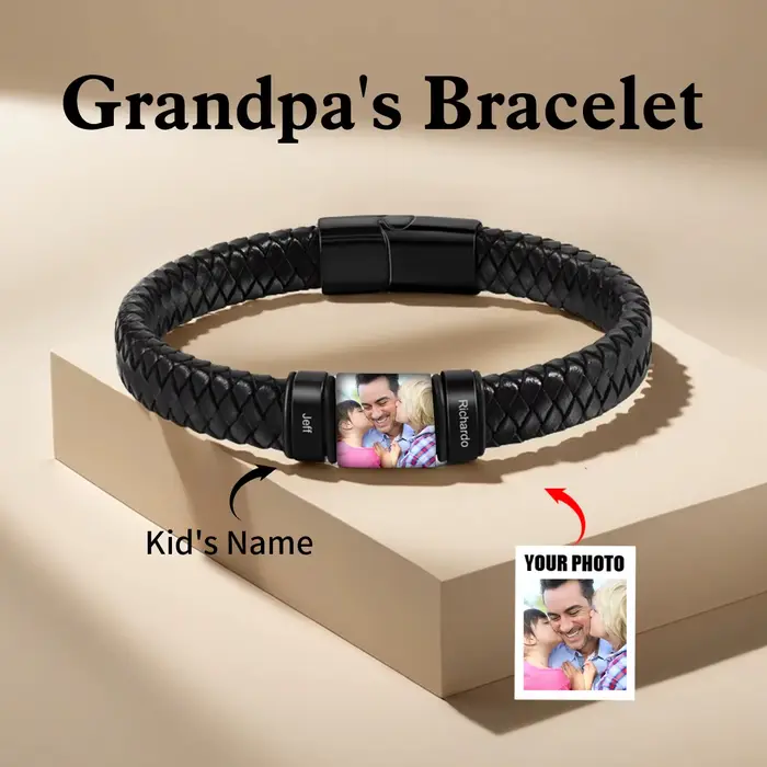 Bracelet en cuir personnalisé avec photo et nom gravé