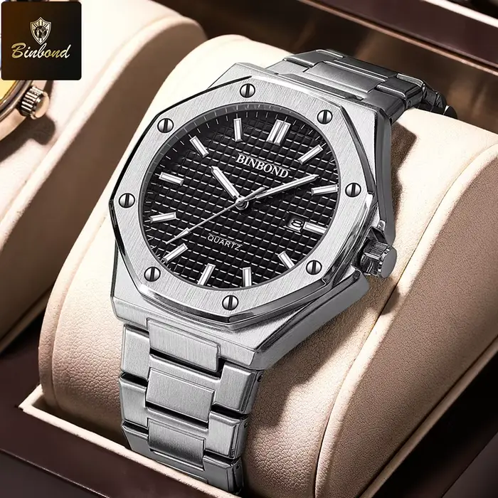 BINBOND chaud nouveau homme montre bracelet en alliage avec vis octogonale anneau décoratif mouvement à Quartz haut de