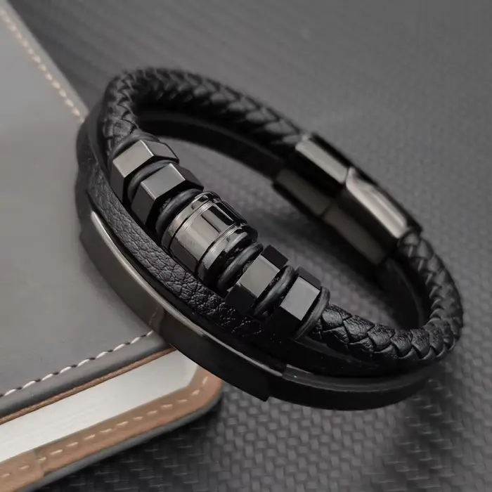 Bracelet en cuir véritable noir pour hommes