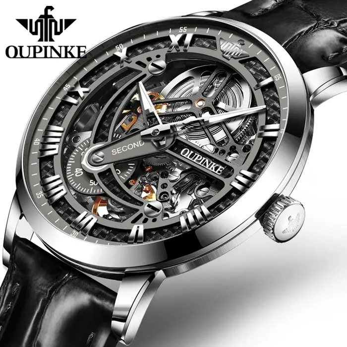 Montre-bracelet OUPINKE 3173 en acier inoxydable avec bracelet en cuir pour homme, luxe, chronographe, résistance à l'eau, design squeletté, affichage romain