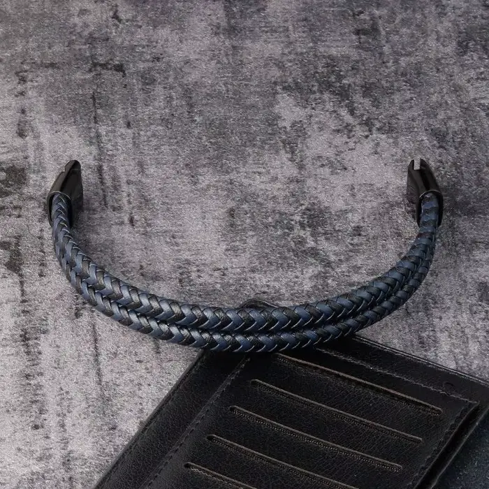 Bracelet en cuir véritable tressé noir et bleu pour hommes, Double bande