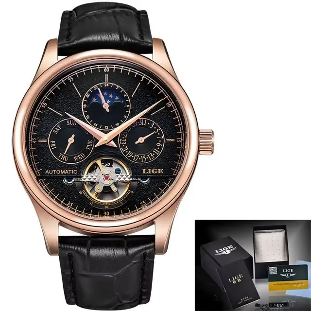LIGE hommes montres automatique montre mécanique Tourbillon horloge en cuir véritable montre étanche