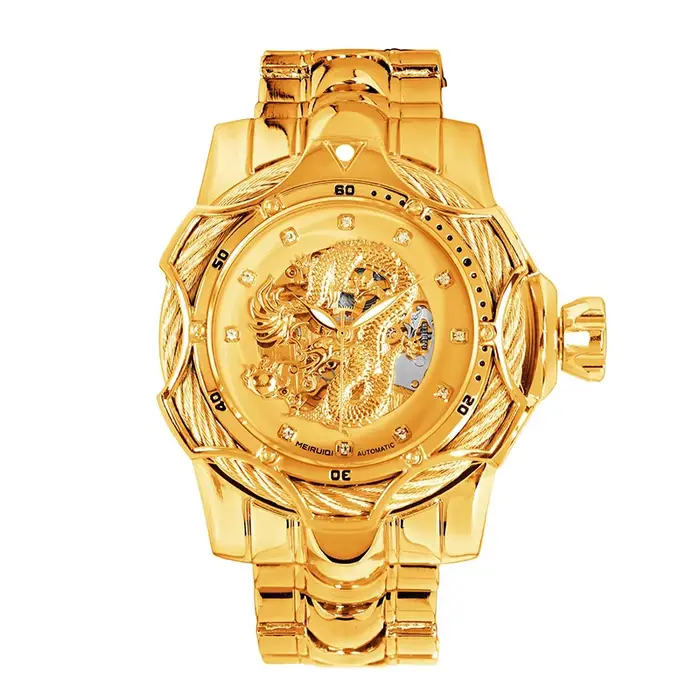 Montre mécanique tourbillon automatique pour homme, de style festif, élégante, jaune, avec un dragon