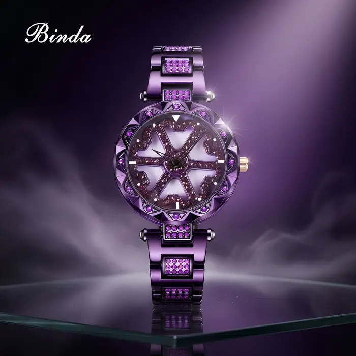 Montre à Quartz Binda Sertie de Cristaux Cadran Rotatif Élégante et Polyvalente Femme Occasions Spéciales