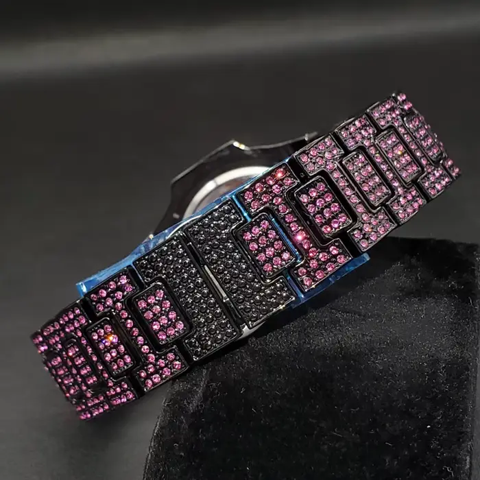Montre Hip Hop en diamant rose pour hommes