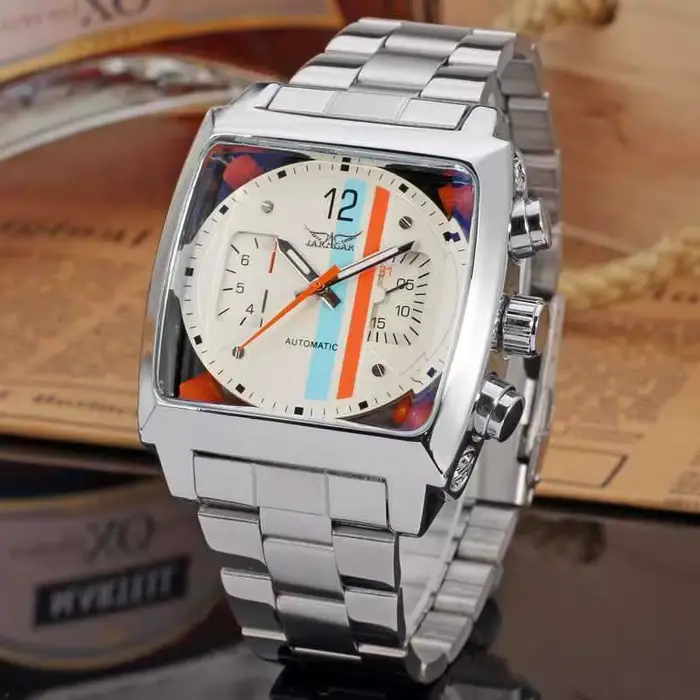 JARAGAR 569 mécanisme d'horloge hommes montre mécanique automatique rétro carré Date semaine étanche bracelet en acier loisirs montre-bracelet
