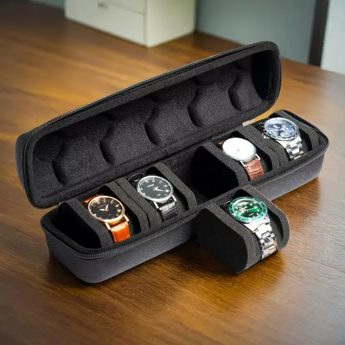 Étui de voyage robuste à 5 compartiments pour rangement des montres avec séparateur rembourré et poignée couvercle rabattable pour homme et femme occasions spéciales