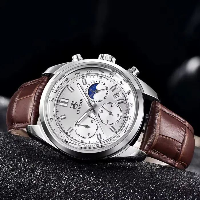 BENYAR nouveaux hommes montre 30ATM étanche en acier inoxydable montres à Quartz de luxe en cuir militaire chronographe