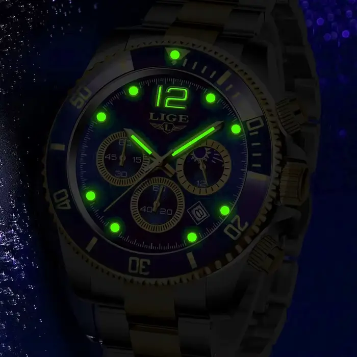 Montre homme LIGE acier inoxydable avec chronographe et résistance à l'eau pour homme occasionnels spéciaux quartz élégante à offrir