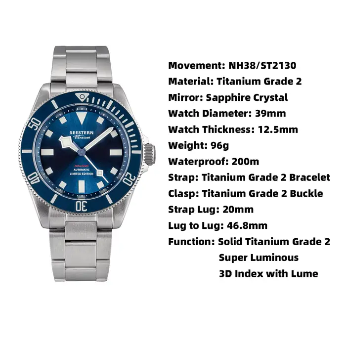 Montre de Plongée SEESTERN en Titane Automatique Édition Limitée pour Hommes Occasions Spéciales Plongeurs Aventuriers