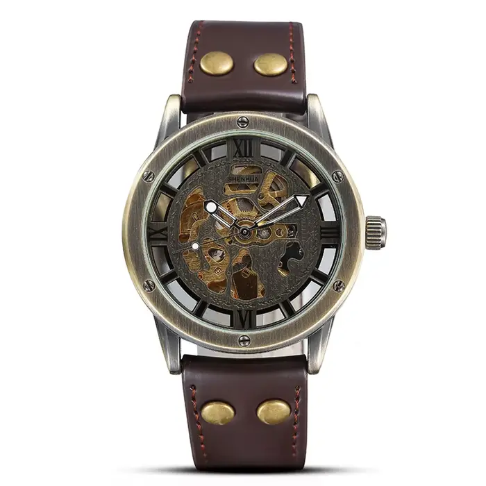 Montre mécanique automatique en bronze avec cadran squelette et bracelet en cuir pour hommes occasions spéciales et cadeaux d'anniversaire