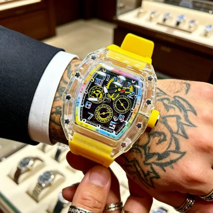 Montre à quartz transparente haut de gamme pour homme, cadran arc-en-ciel tendance, étanche, montre-bracelet de luxe léger ajourée, montre polyvalente pour homme, style sportif, décontractée et élégan