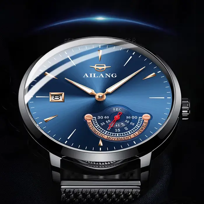 Montre mécanique AILANG en acier inoxydable avec bracelet en cuir de vachette pour hommes, résistante à l'eau, avec affichage nocturne et calendrier complet, pour tous les styles et occasions