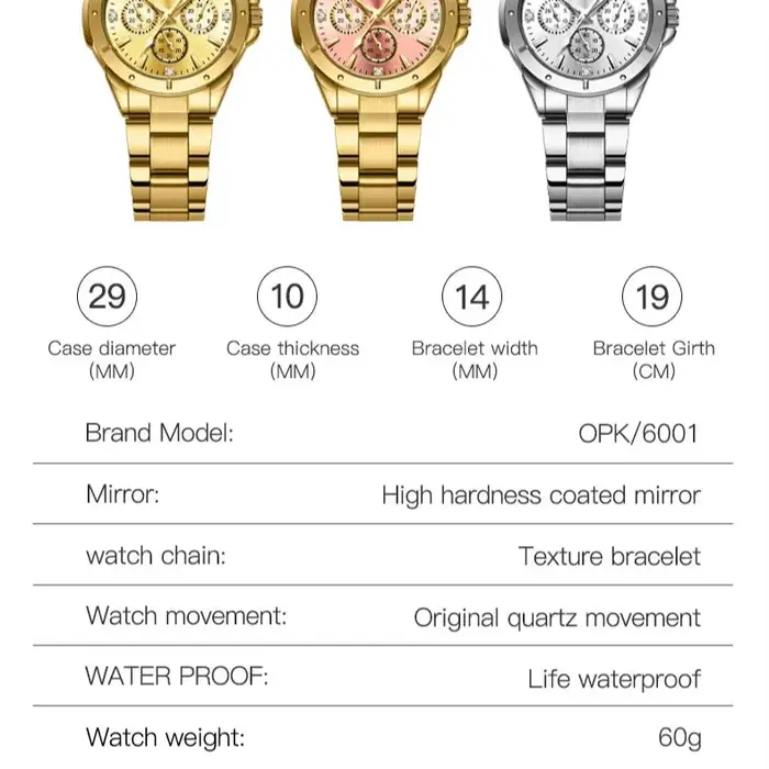 OPK 6001 montres pour femmes solide en acier inoxydable élégant cadran rose marque de luxe dames