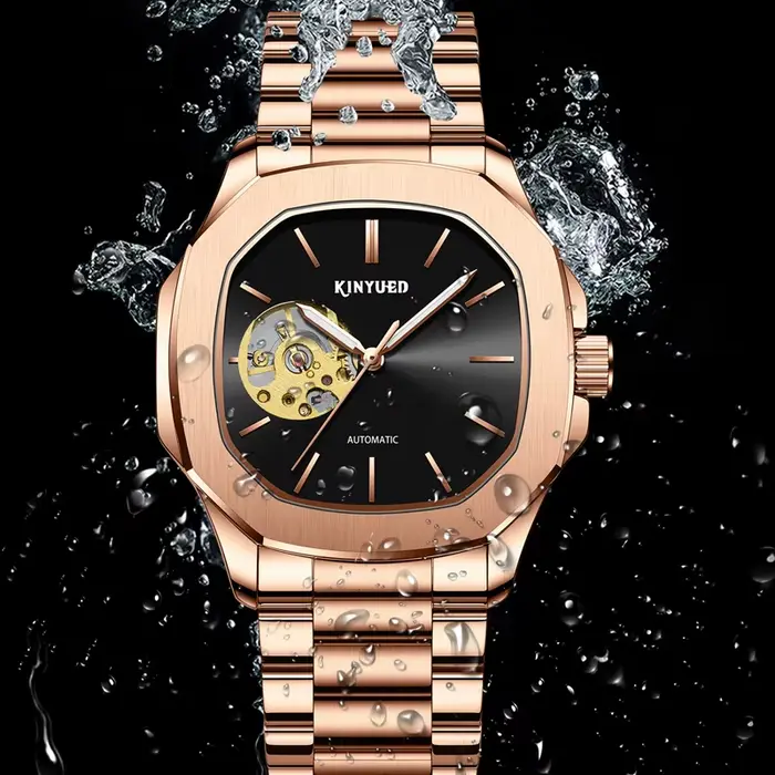 Montre KINYUED Mécanique Hommes Luxe Acier Inoxydable Squelette Tourbillon Résistante À L'Eau Occasions Spéciales