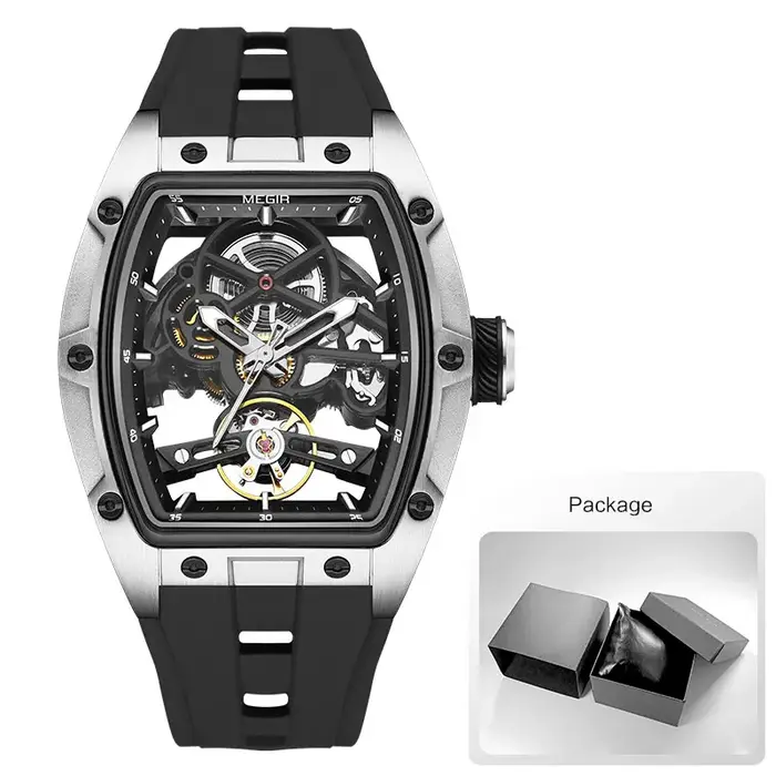 MEGIR 2242 montre automatique bleue pour hommes Sport montre-bracelet mécanique étanche en acier inoxydable avec bracelet en Silicone cadran squelette