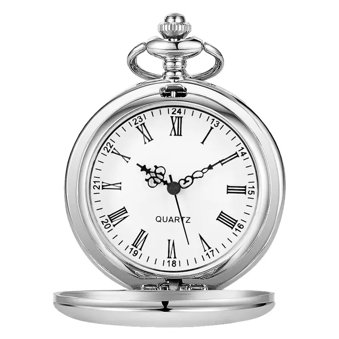 Montre de Poche Vintage en Acier Lisse Argenté pour Homme, avec Numéros Romains, à Quartz