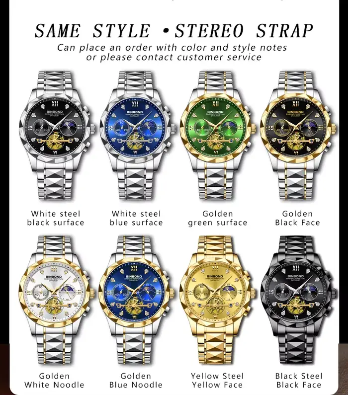 Montre chronographe robuste BINBOND pour homme à quartz avec couronne à vis, résistante à l'eau, pour affaires et occasions décontractées