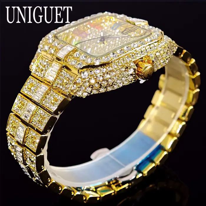 UNIGUET luxe diamant montre à Quartz pour hommes cadran arc-en-ciel calendrier Hip Hop glacé or montre-bracelet