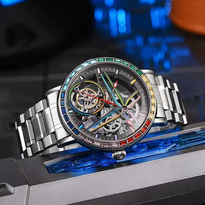 Montre Seton Tourbillon avec pierres précieuses colorées arc-en-ciel pour homme