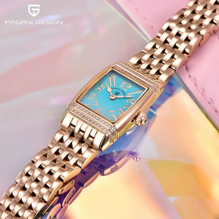 Montre Pagani Design en acier inoxydable avec cristal de saphir pour femmes, résistante à l'eau, quartz, boîtier rectangulaire, bracelet en acier inoxydable, fermoir caché à bouton-poussoir, pour occasions spéciales