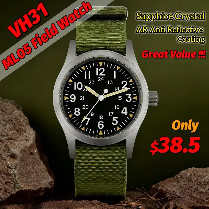 Militado Ml05 montre de terrain Vintage VH31 balayage deuxième mouvement à Quartz cristal saphir haute transparence revêtement AR lumineux 38Mm montres