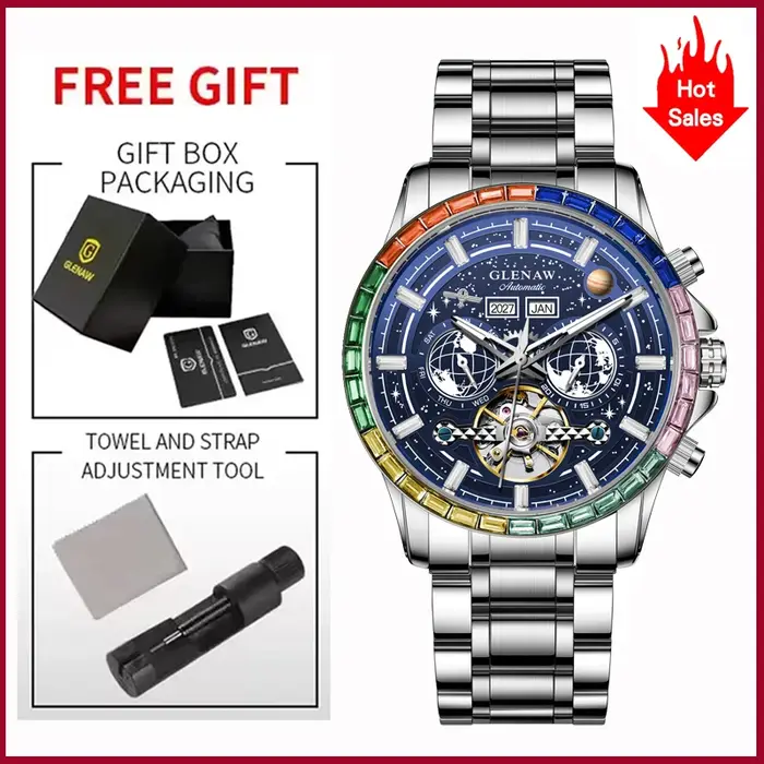 Montre mécanique de luxe GLENAW Design New Rainbow Circle pour homme