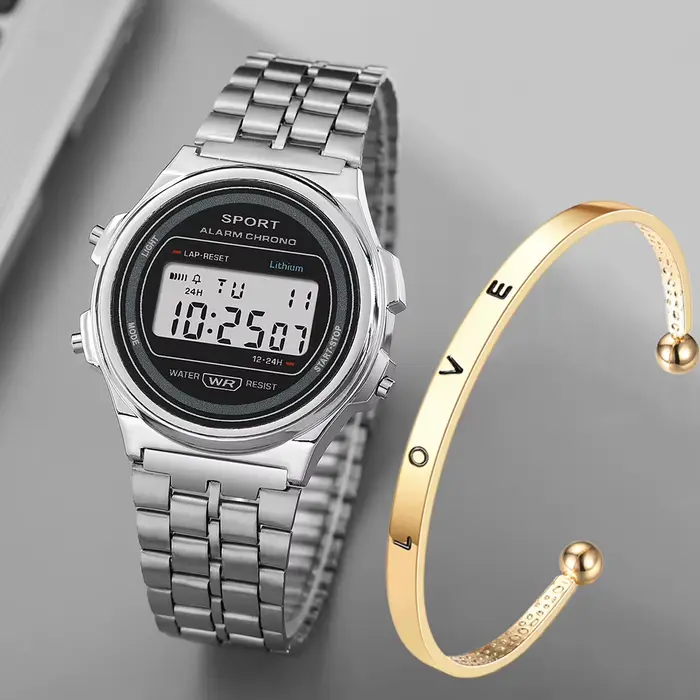 Femmes décontracté LED montre électronique rétro bracelet en acier inoxydable dames LED