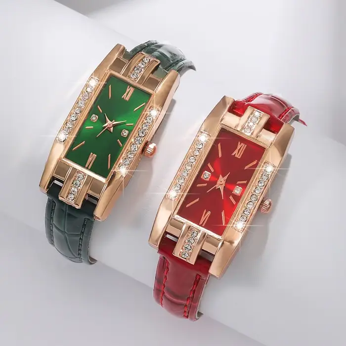 Montre rectangulaire pour femme avec bracelet en cuir incrusté de diamants en or rose, disponible en