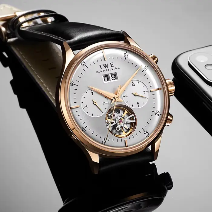 Montre tourbillon I&W avec cadran gris automatique pour homme résistante à l'eau et élégante pour toutes les occasions