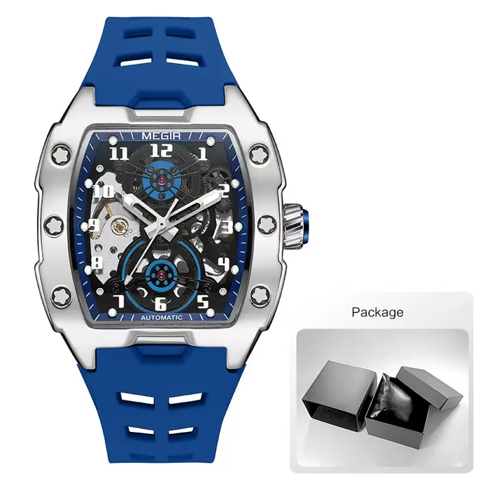 MEGIR-Montre Mécanique Bleue pour Homme, Cadran Creux Tonneau, dehors, Étanche, Montre-Bracelet exis