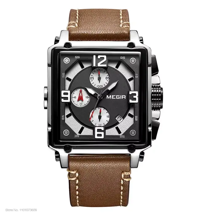 Megir-Montre-bracelet à quartz avec bracelet en cuir pour homme, chronographe de l'armée, carré, spo