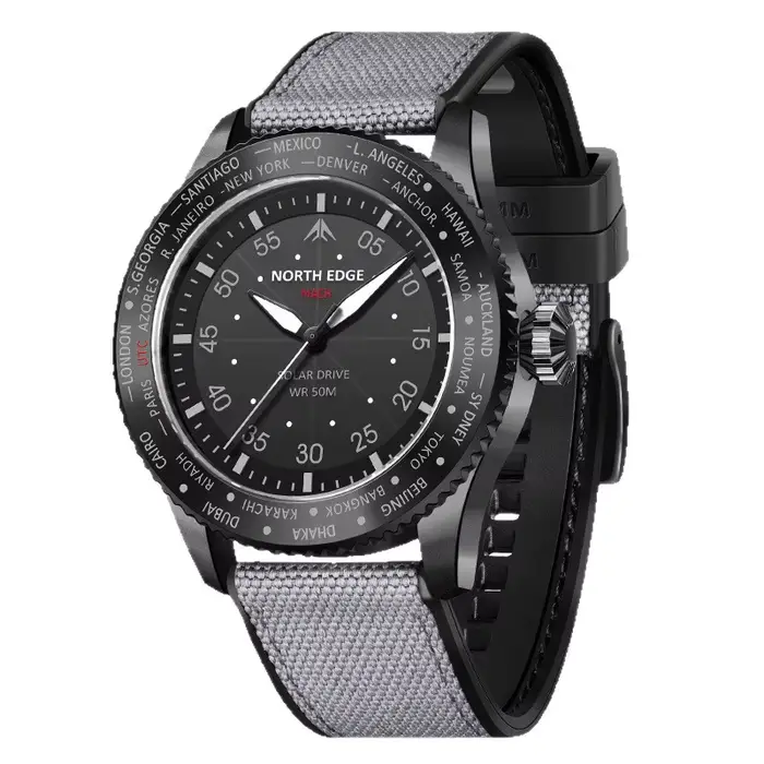 Montre à quartz cinétique légère, montre tactique d'extérieur, boîtier en alliage, diamètre 43 mm, épaisseur 14 mm, bracelet en nylon, étanche jusqu'à 50 mètres