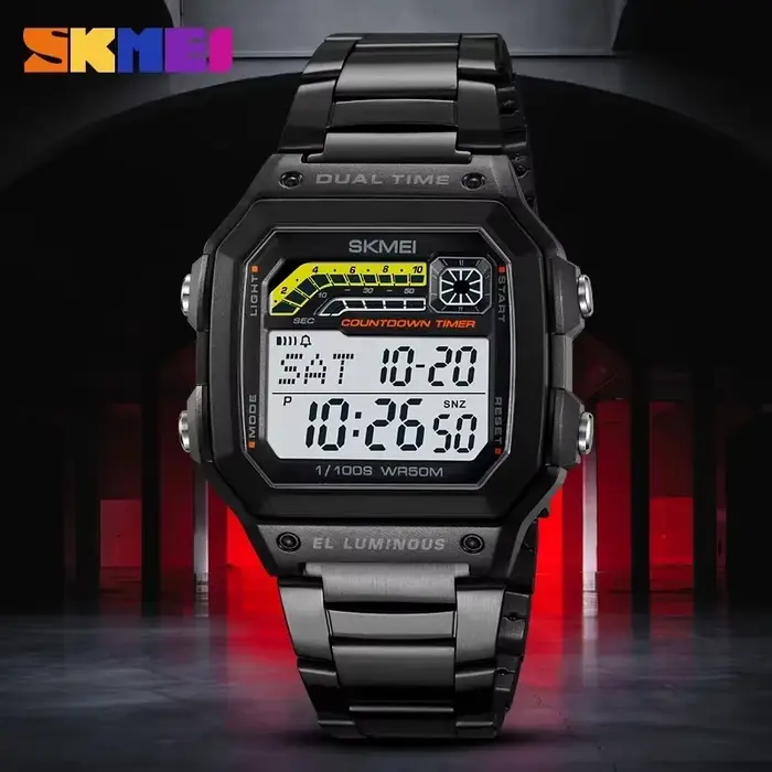 SKMEI 2307 compte à rebours de luxe affichage LED en acier inoxydable montres pour hommes étanche sport montre numérique