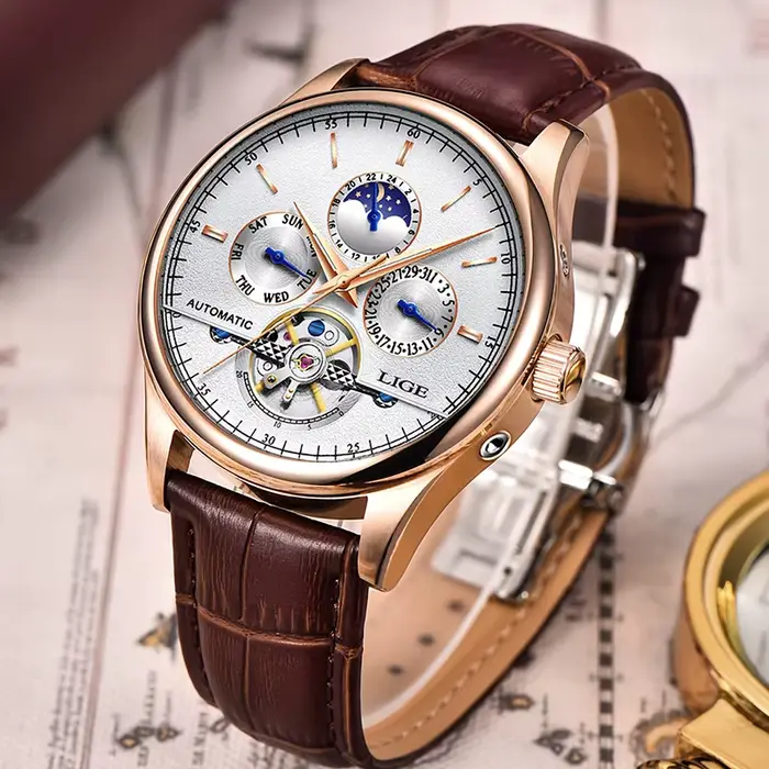 2025 LIGE hommes montres automatique mécanique montre Tourbillon Sport horloge en cuir décontracté affaires rétro montre-bracelet Relojes Hombre