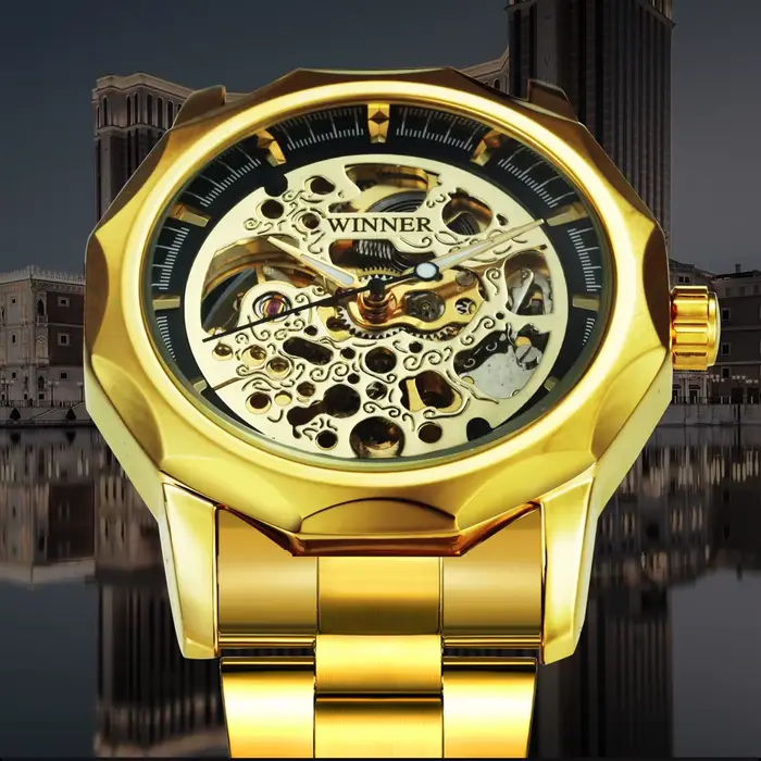 Montre automatique squelette doré pour hommes
